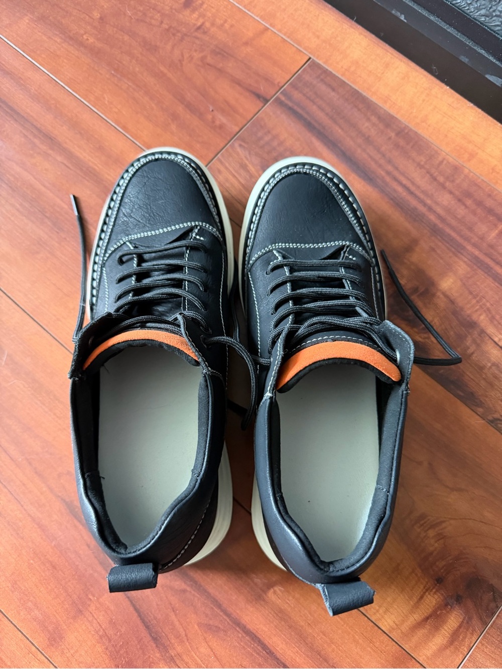 Men's Black Lace-Up Casual Sneakers with Orange Accent